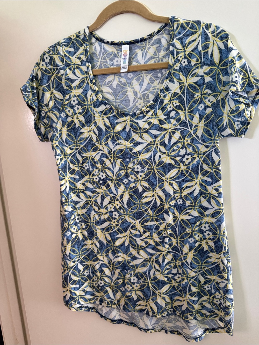 Women’s LuLaRoe Classic Tee - Blue and Yellow Patterned V-Neck Top